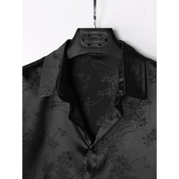 Men's Satin Floral Print Button Down Front Lapel Collar Solid Short Sleeve Shirt - Picture 5 of 9